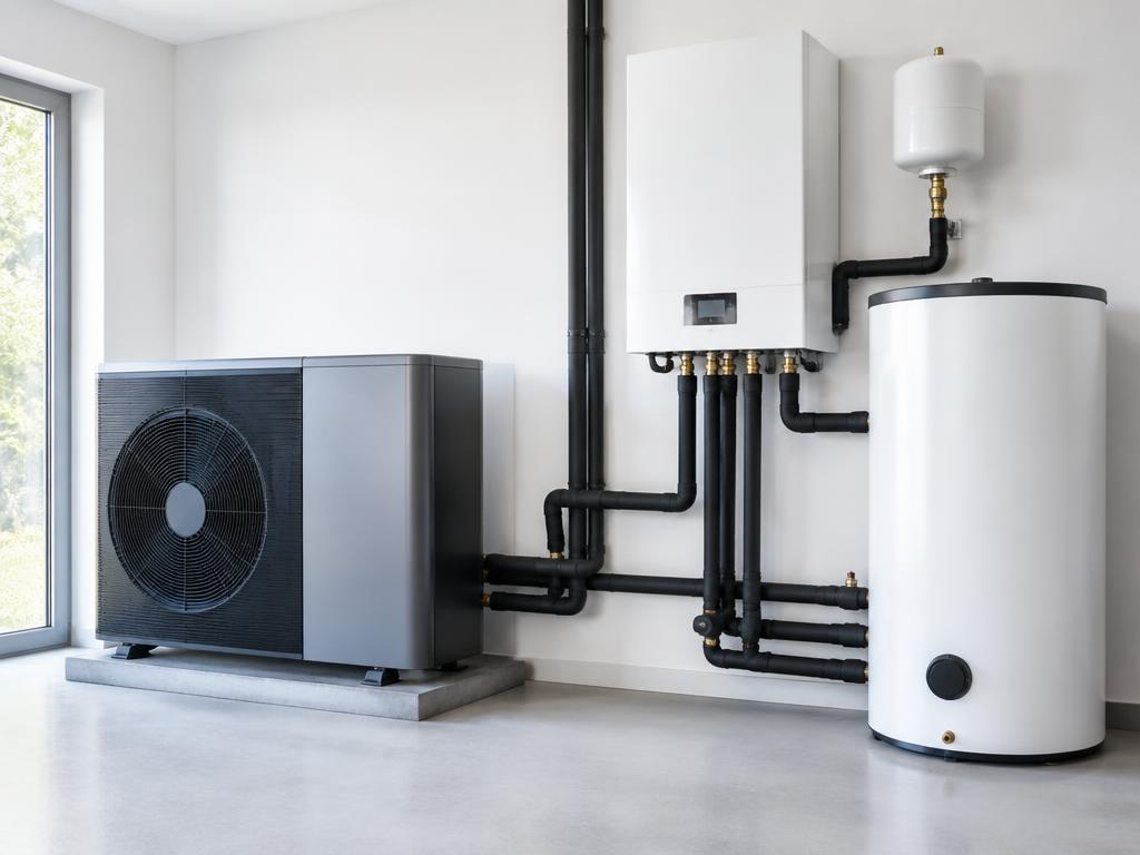 Wärmepumpe und Speicher in einem sauberen Technikraum