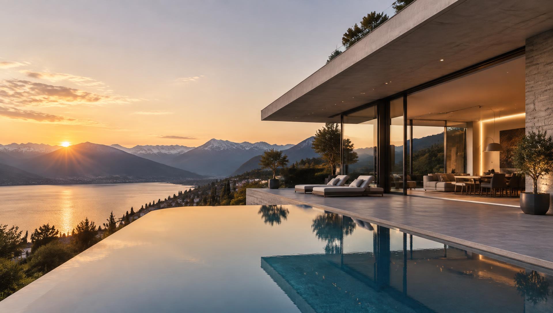 Moderne Villa mit Pool über einem Alpensee bei Sonnenuntergang