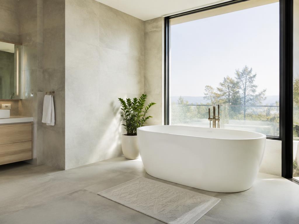 Modernes helles Badezimmer mit freistehender Wanne