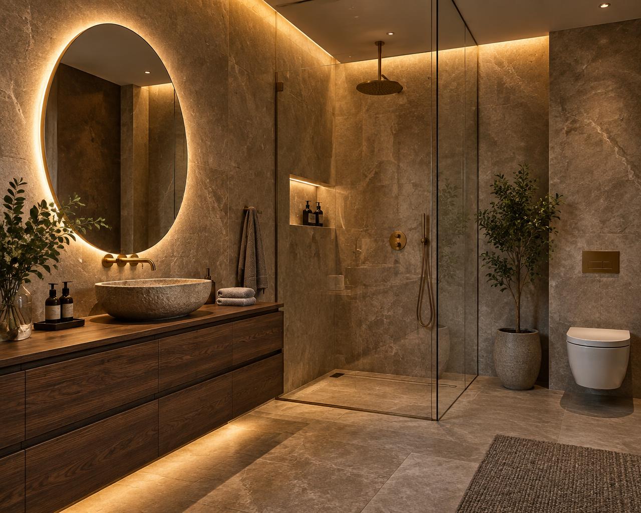 Luxuriöses Badezimmer mit Naturstein, Holz und warmer Beleuchtung